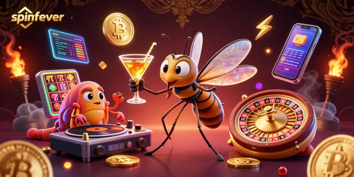 Spinfever casino mascot surrounded by vibrant gaming elements and crypto coins, illustrating an exciting online gaming atmosphere.