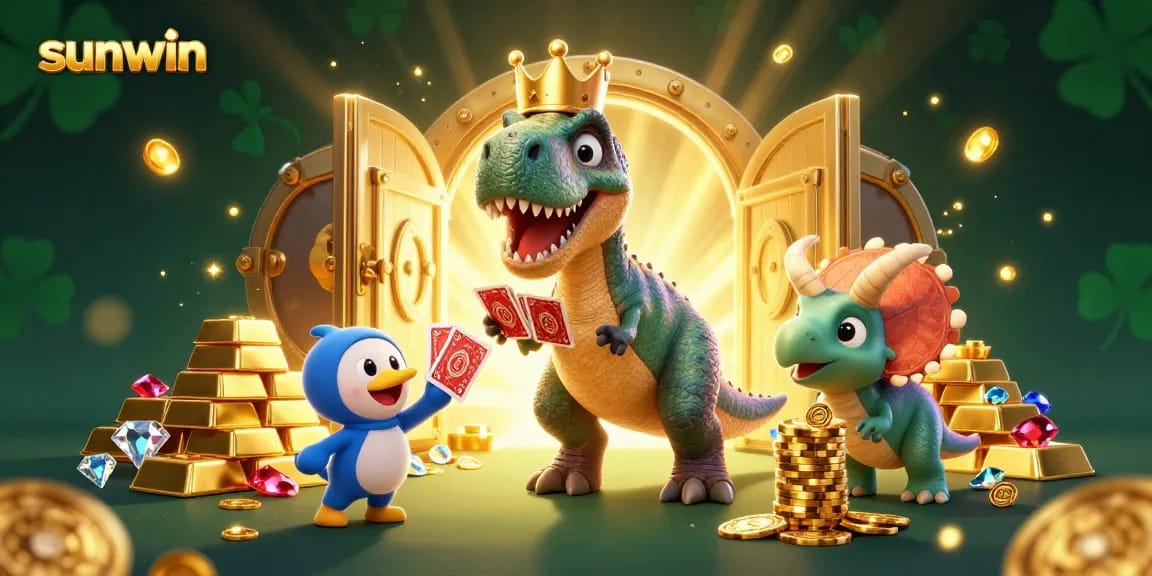 Join the fun at sunwin as a cartoon T-Rex shuffles cards with friends in a vibrant casino scene.