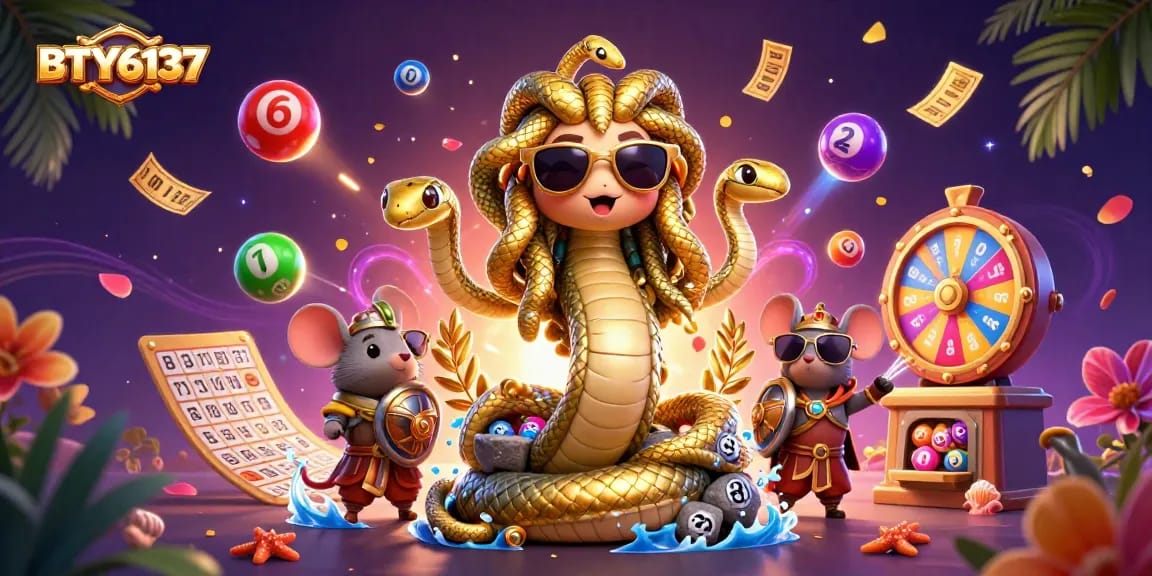 BTY6137 medusa and warrior mouse celebrate a lottery with vibrant elements and dynamic action.