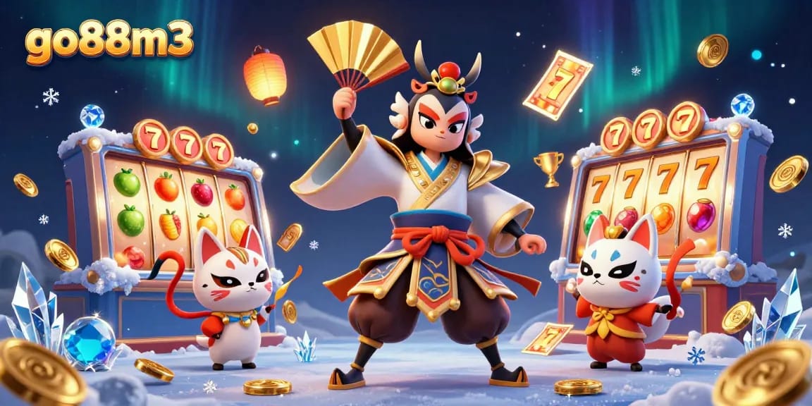 Win big at go88m3 with vibrant 3D slots illustration showcasing kabuki warriors and dynamic gaming elements.