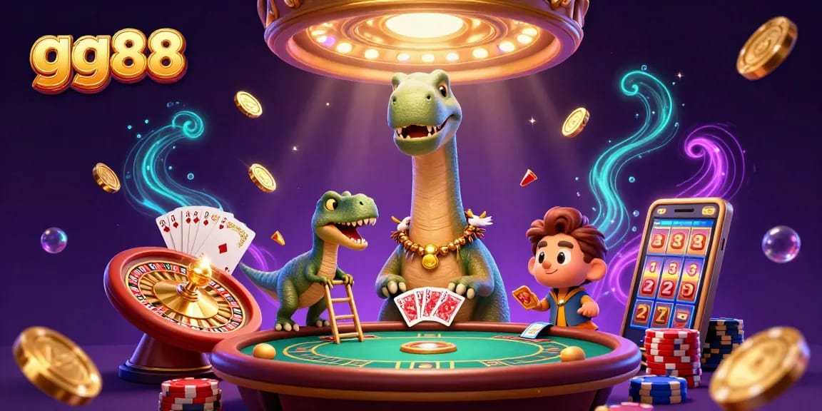 Engage with gg88 as a brontosaurus towers over a vibrant poker table in a dynamic casino scene.