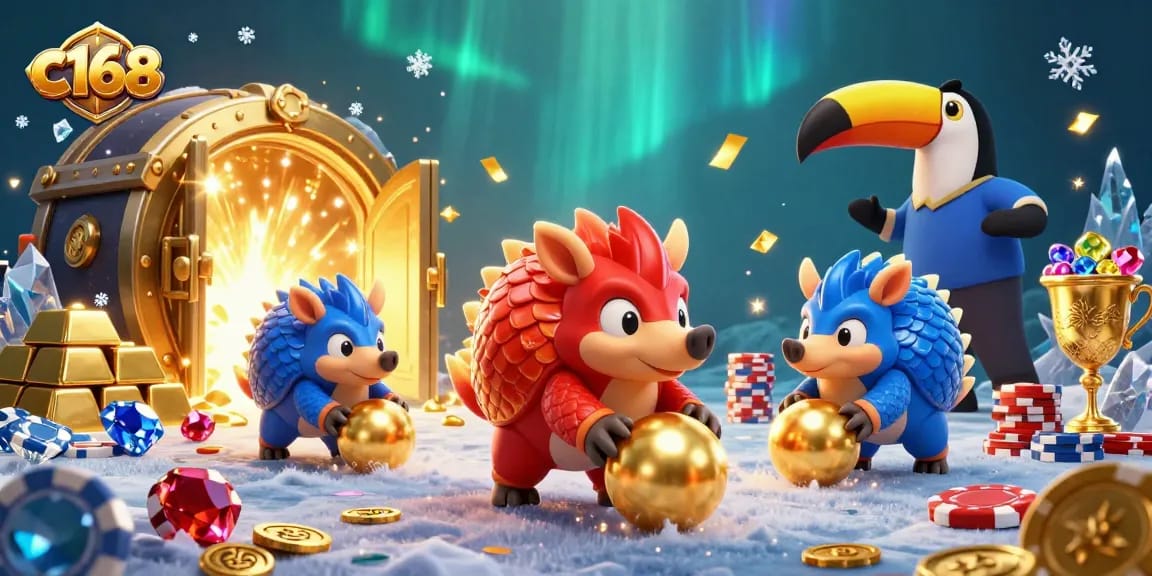 Experience thrilling gameplay at c168 with vibrant pangolins and poker chips in a colorful casino scene.