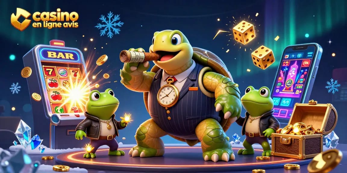 Cette illustration dynamique présente une tortue en costume de gangster et des grenouilles dans un casino, mettant en avant des jackpots, des jeux et l'illumination.