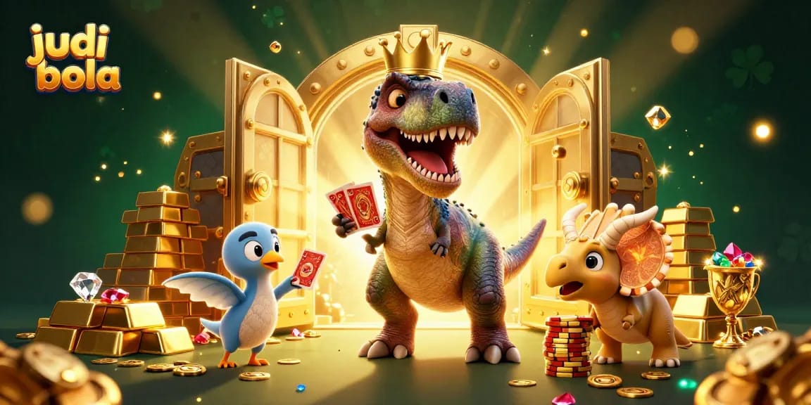 Bet on judi bola with T-Rex and friends as they shuffle cards amidst sparkling treasures.