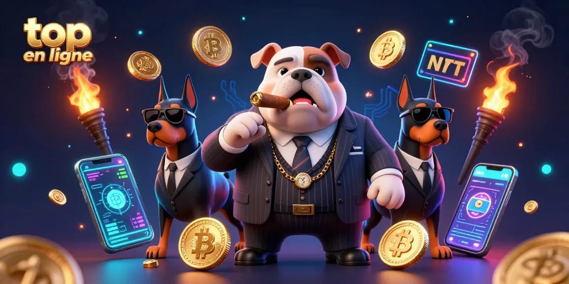 Explorez le top casino en ligne avec des stratégies gagnantes illustrées par un bulldog et ses gardes du corps.