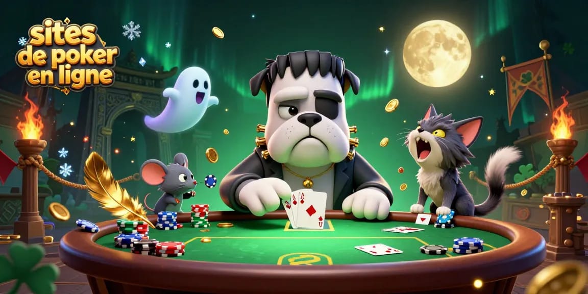 Faites de grosses mises sur les meilleurs sites de poker en ligne avec des cartes et des jetons autour d'une table animée.
