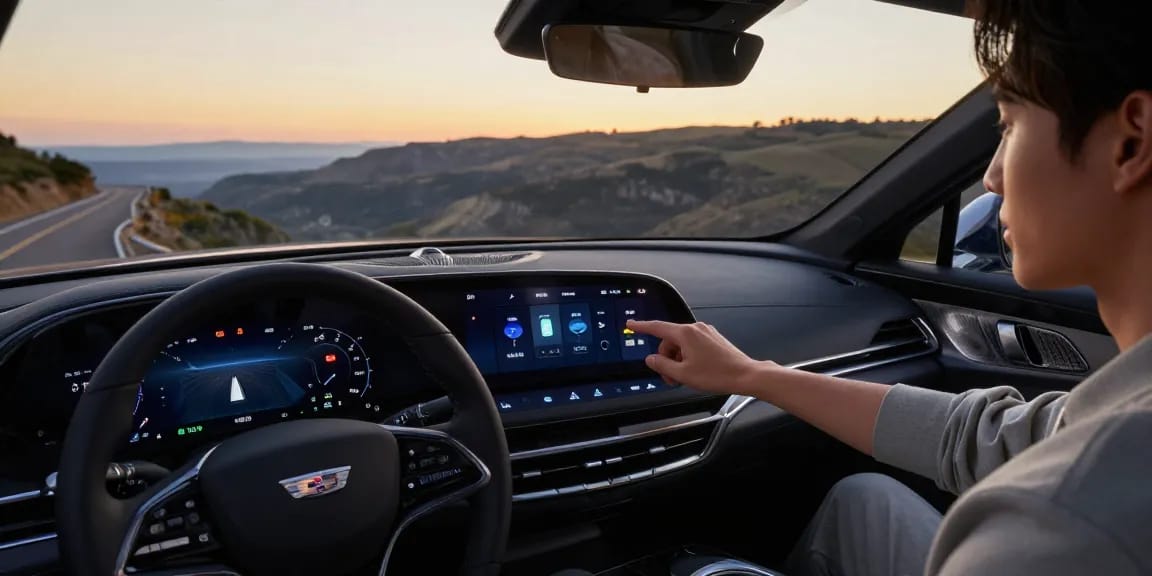 Driver exploring Cadillac Lyriq driving modes to understand if they offer different ranges or battery usages while enjoying a scenic landscape.