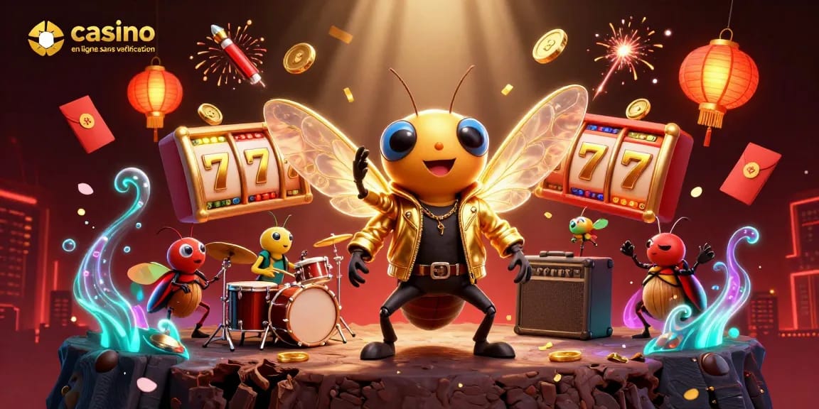 Jouer dans un casino en ligne sans vérification avec une scène dynamique et festive réunissant un rockeur, un batteur et des crickets.