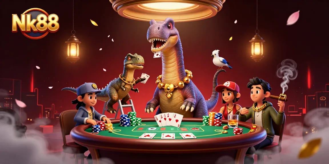 Nk88 showcases a cartoon brontosaurus and raptor at a vibrant poker table in a dynamic casino scene.
