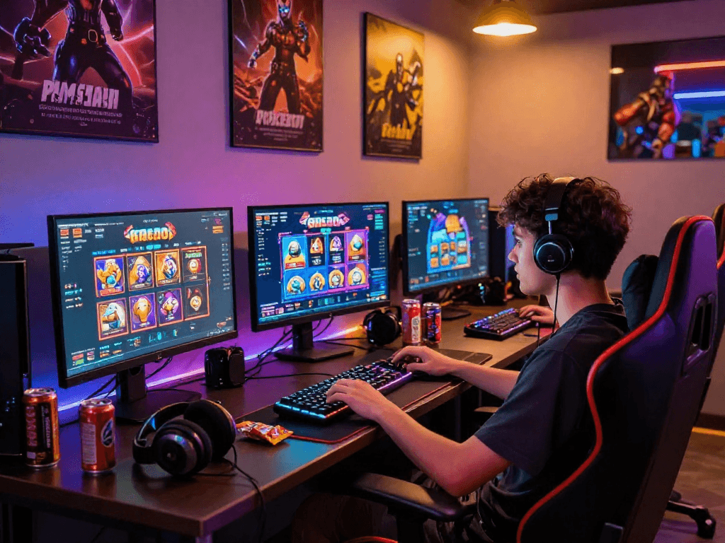 Engaging slot gacor gaming scene showcasing a player immersed in colorful game interfaces and gaming accessories.