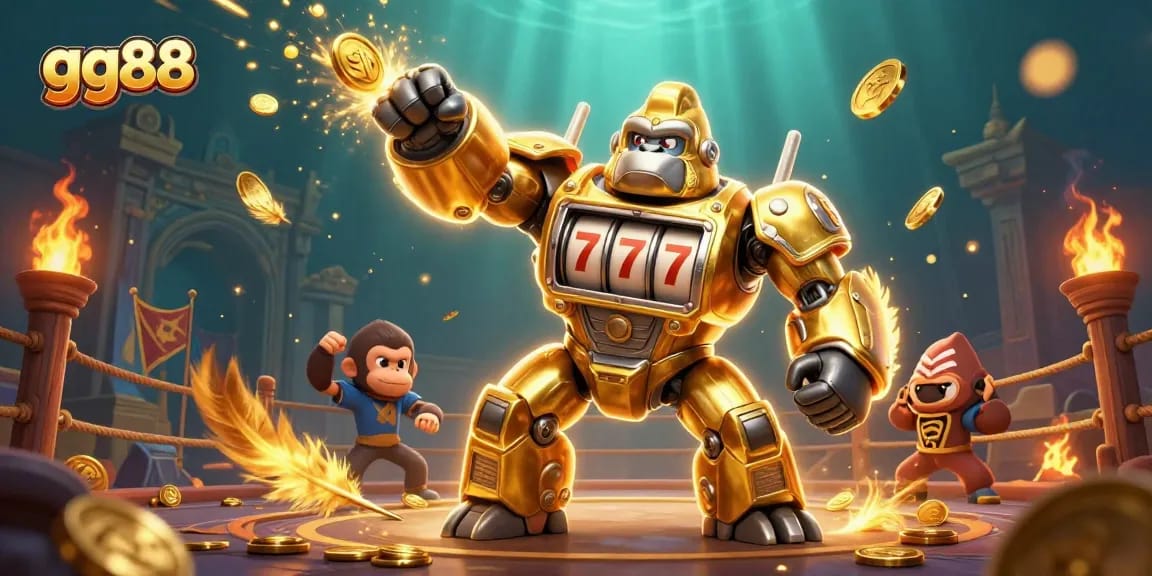 Win big with GG88’s golden gorilla mech surrounded by casino action in vibrant 3D.