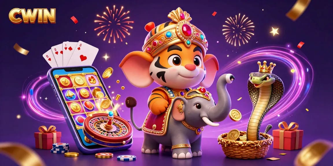 Experience exciting wins with CWIN in a vibrant 3D casino scene, showcasing dynamic games and rewards.