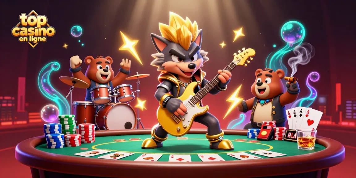 Découvrez le top casino en ligne avec des héros animés sur scène, jouant intensément avec des éléments de poker.