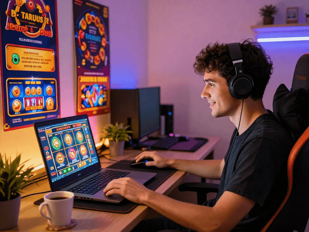 Player enjoying slot online terpercaya experience on a laptop with vibrant graphics and cozy ambiance.