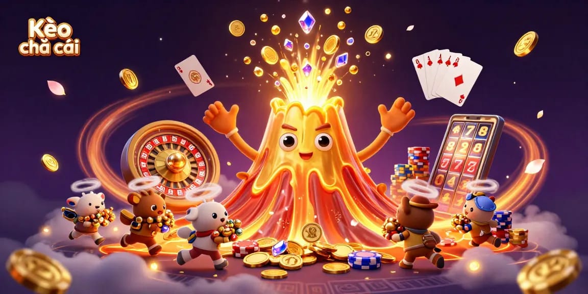 Kèo nhà cái showcases exciting sports betting dynamics with a triumphant volcanic jackpot eruption in a vibrant casino-themed scene.