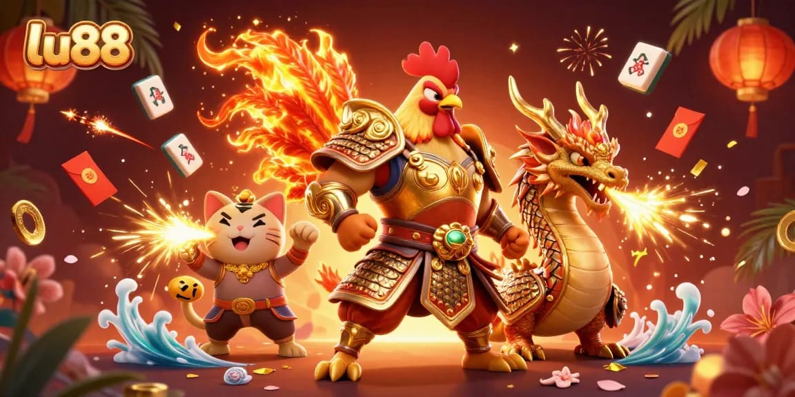 Experience exciting wins at lu88 with a vibrant 3D scene featuring unique characters and casino elements.