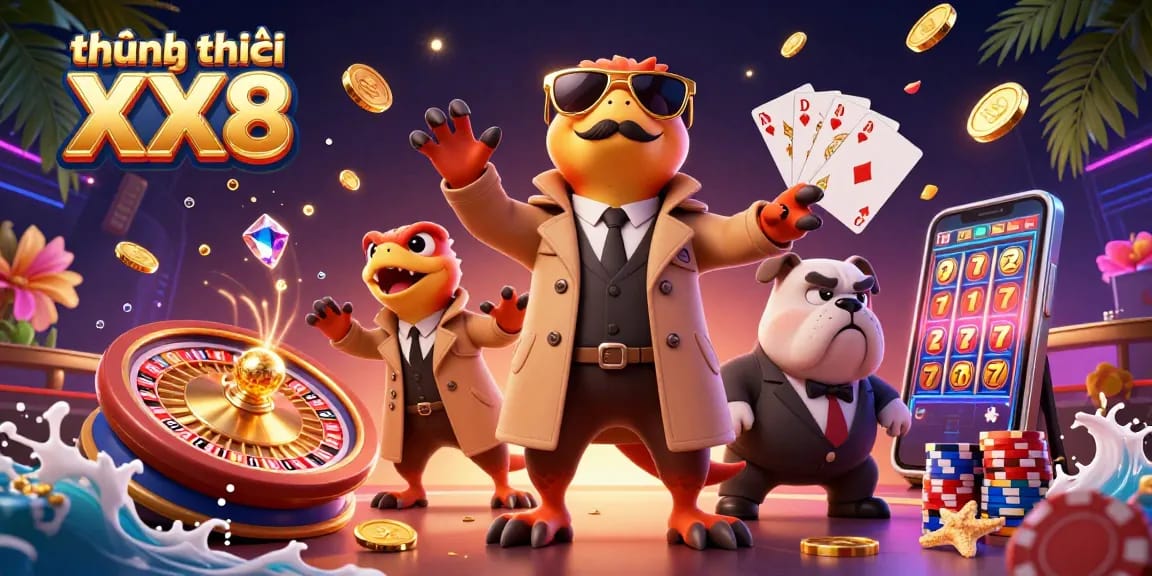 Experience the thrill of thương hiệu XX8 with vibrant raptors in a casino scene showcasing dynamic slot and roulette elements.