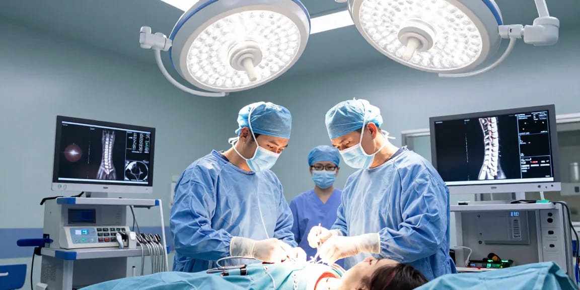 Minimally invasive Bel fıtığı ameliyatı surgical scene with advanced technology, focused surgeon and patient.