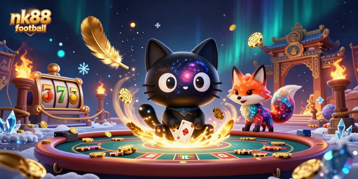 Engage with nk88 football as a cosmic cat spins jackpot reels at a vibrant casino.