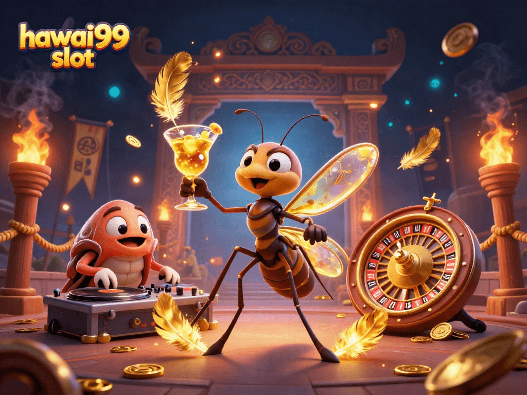 Experience the excitement of hawai99 slot with energetic casino characters and vibrant gaming elements.