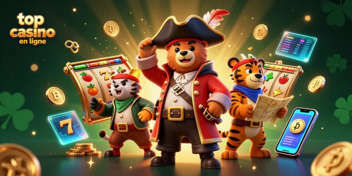 Jouez au top casino en ligne avec notre image animée montrant un ours pirate et un tigre, entourés de machines à sous.
