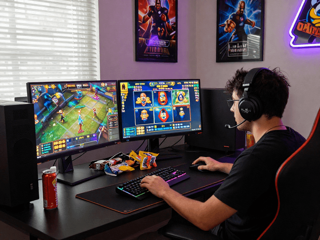 Player engaged in a vibrant slot gacor game session, showcasing an exciting gaming environment with modern peripherals.