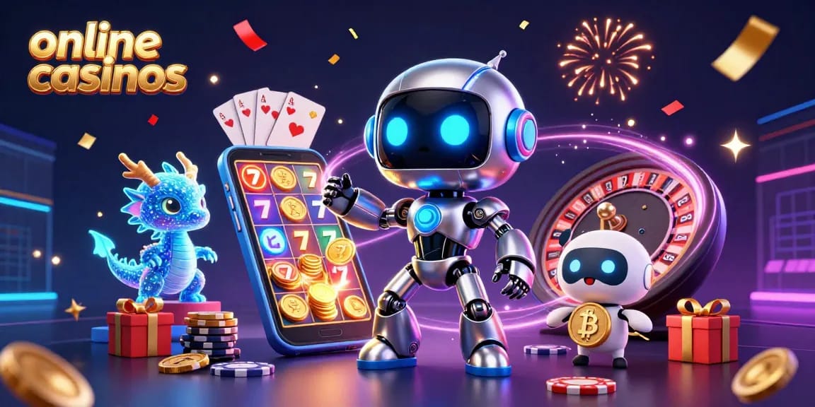Experience excitement at online casinos with a vibrant scene presenting a cyberpunk robot and digital companions.