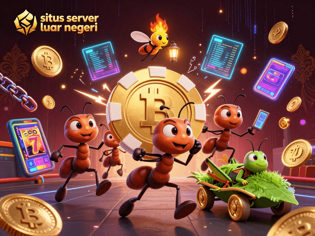 Engaging 3D illustration featuring a heist team of ants and crypto coins showcasing situs server luar negeri gaming energy.