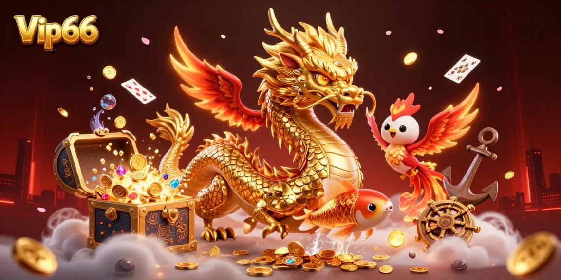 Experience thrilling gaming at Vip66 with a fierce dragon and lucky koi amidst floating cards and treasures.