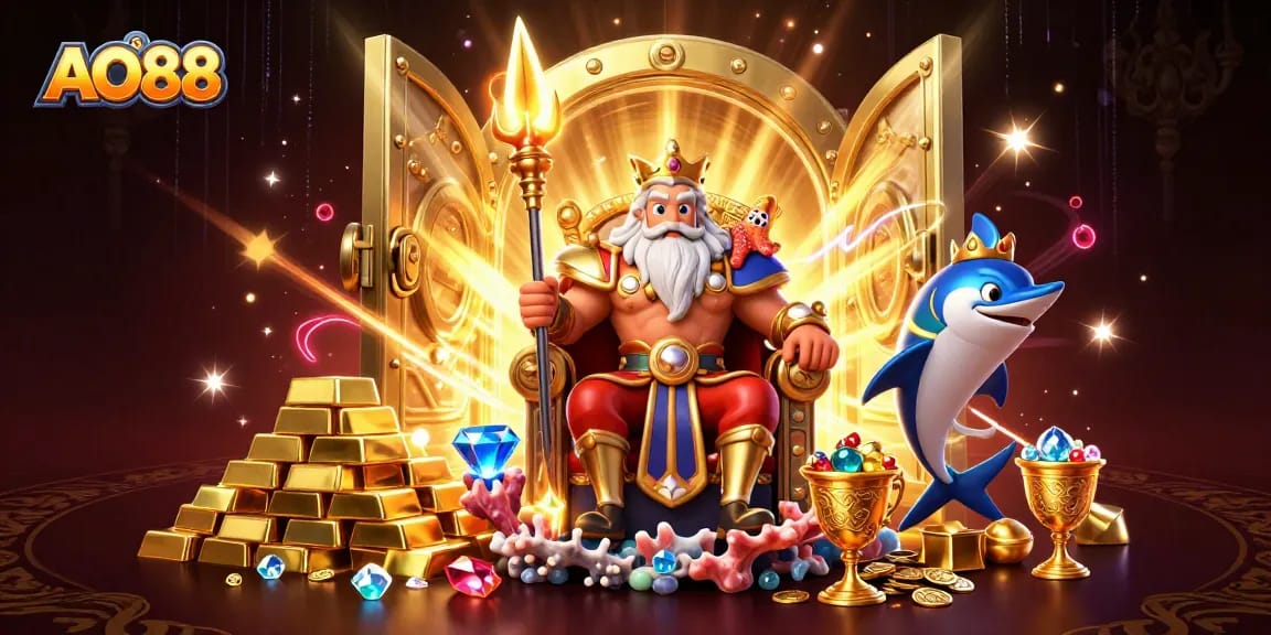 AO88 reveals a vibrant scene with Neptune guarding treasures in a captivating casino atmosphere.