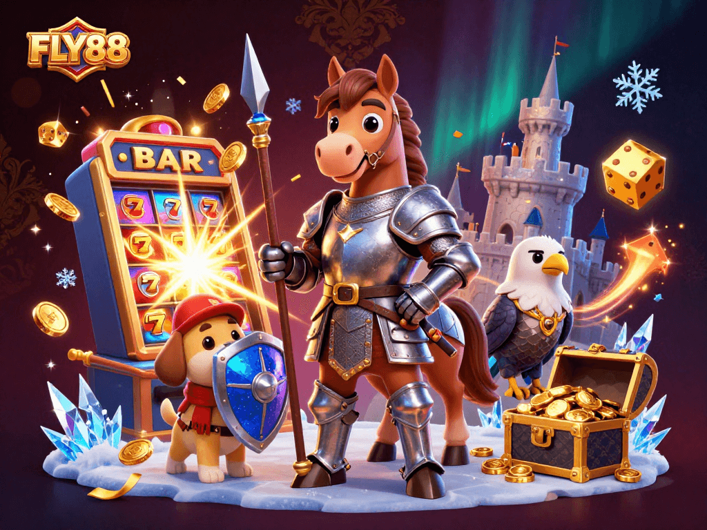 FLY88 players engaging in exciting casino games with vibrant slot machines and treasures.