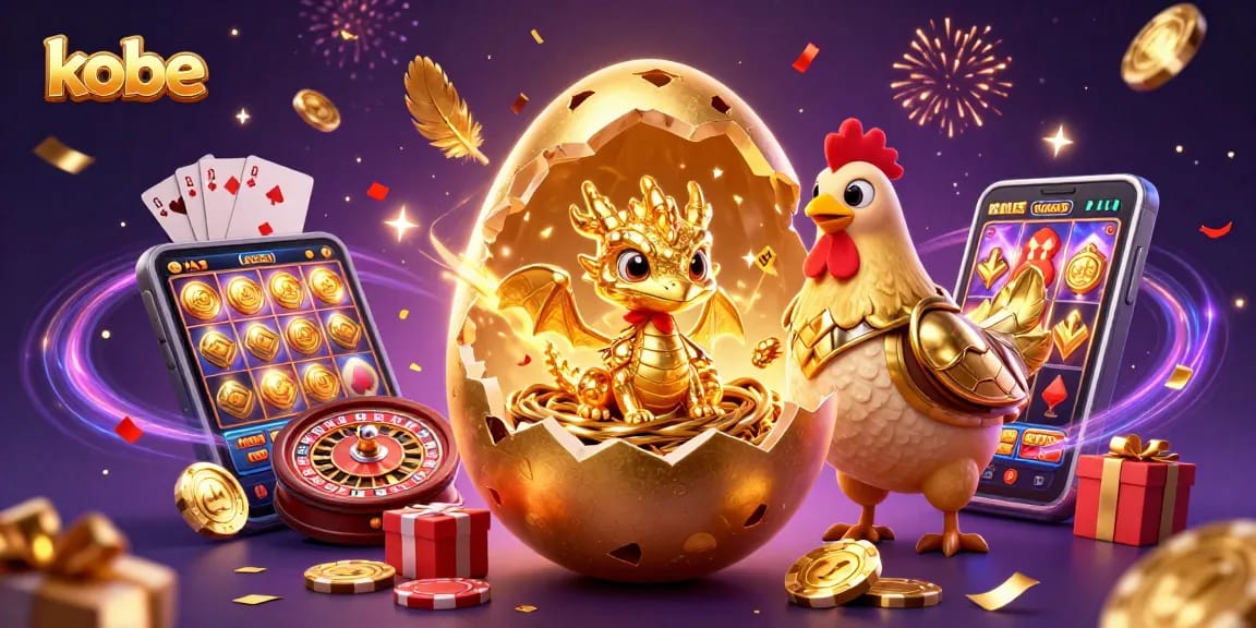 Kobe-themed 3D illustration with a crystal gold dragon, casino elements, and festive decorations