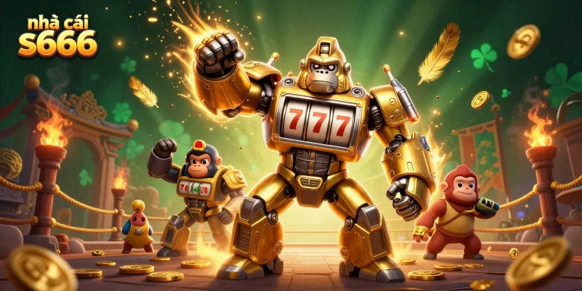 Experience dynamic action with nhà cái s666's golden gorilla mech, symbolizing exciting casino gameplay.