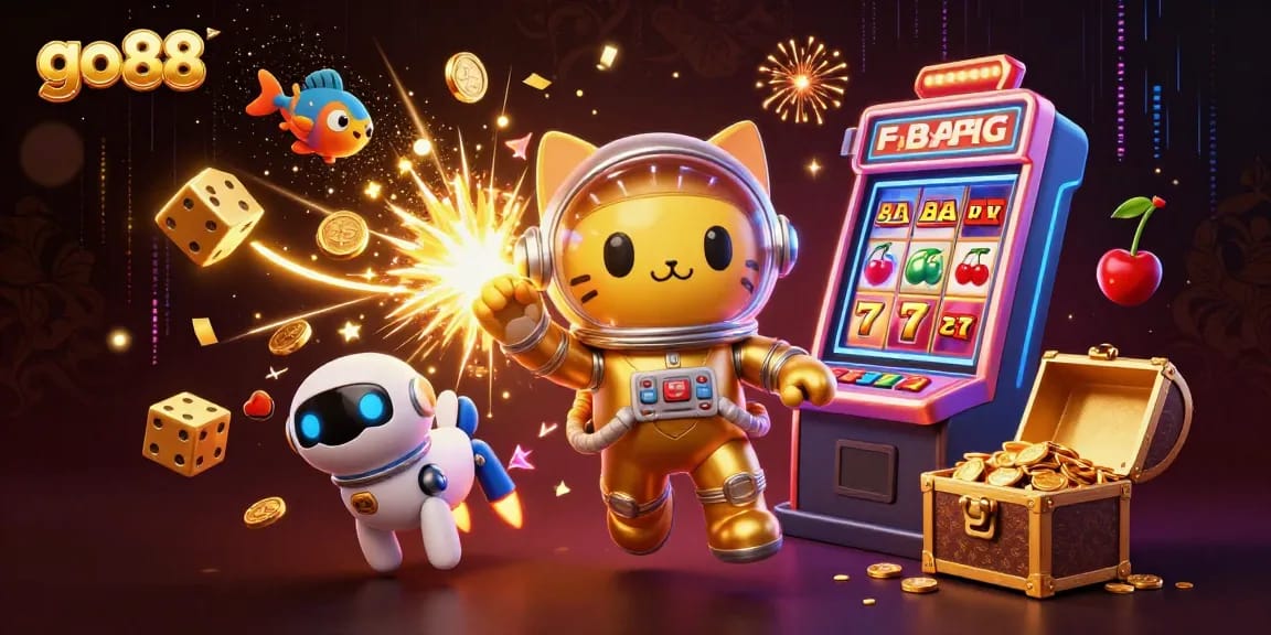 Experience the thrill of go 88 with this vibrant 3D casino scene showcasing astronauts and a slot machine.