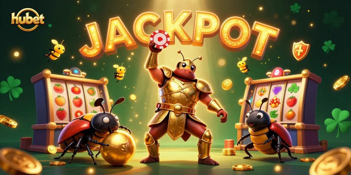 hubet showcases a victorious hercules beetle lifting a poker chip amidst golden coins and slot machines.