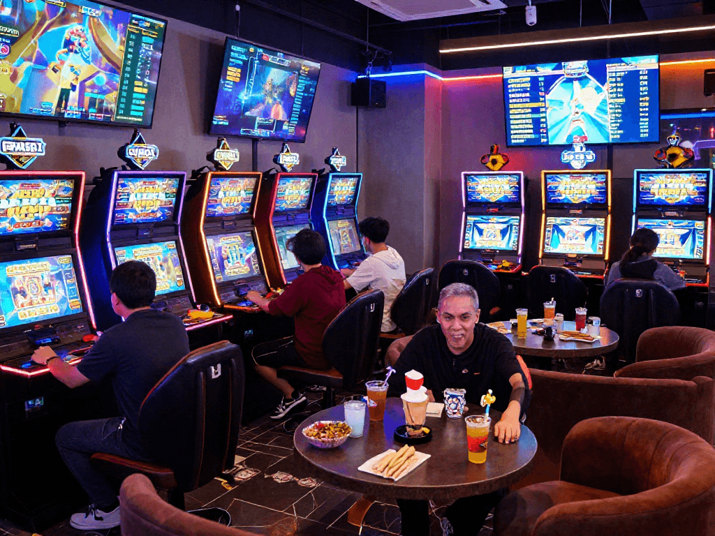 Exciting slot gacor gaming lounge with vibrant atmosphere and players winning.