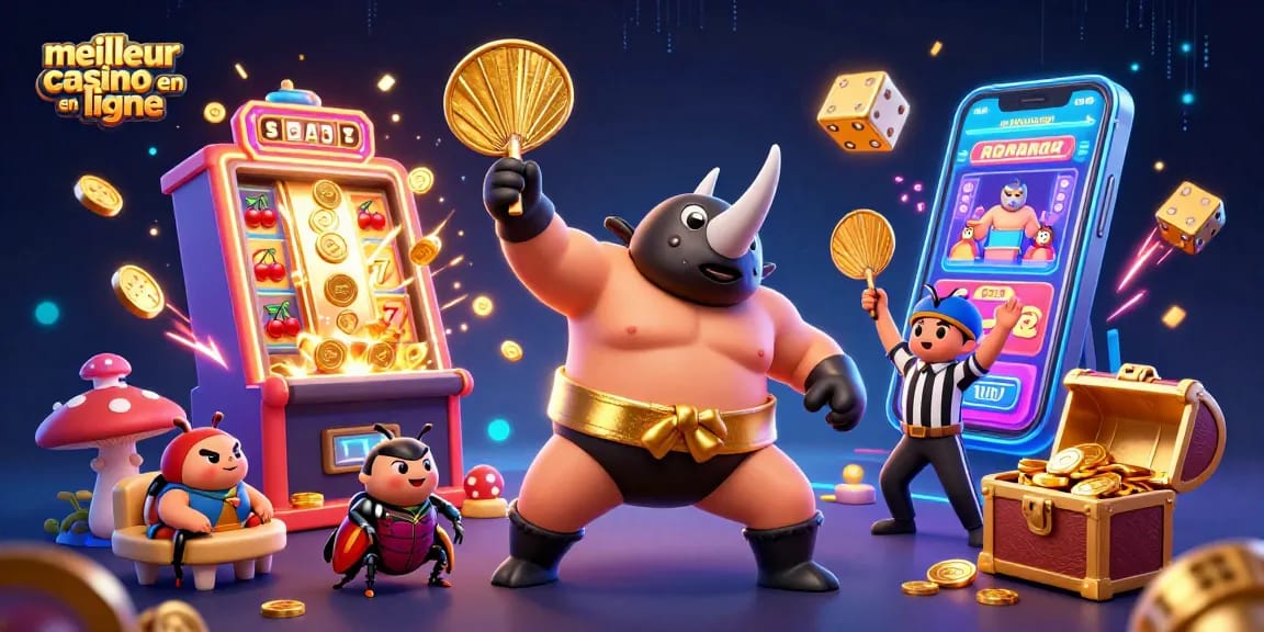 Illustration dynamique du meilleur casino en ligne avec un champion samouraï scarabée et un arbitre, illustrant la thématique ludique.