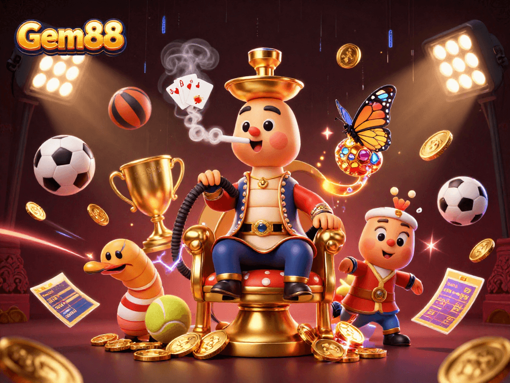Experience Gem88's vibrant casino atmosphere with a dynamic 3D illustration showcasing thrilling sports betting elements.