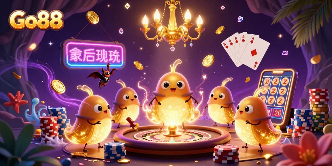 Experience the excitement of Go88 with vibrant casino scenes featuring glowing characters and dynamic game action.