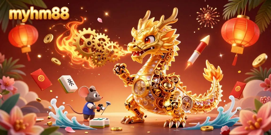 Engage in thrilling gameplay with myhm88, featuring a vibrant 3D dragon amidst casino games and lucky symbols.