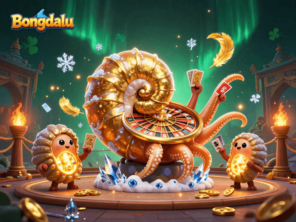Bongdalu showcases a vibrant 3D casino scene with a golden nautilus roulette wheel and glowing ammonite companions.