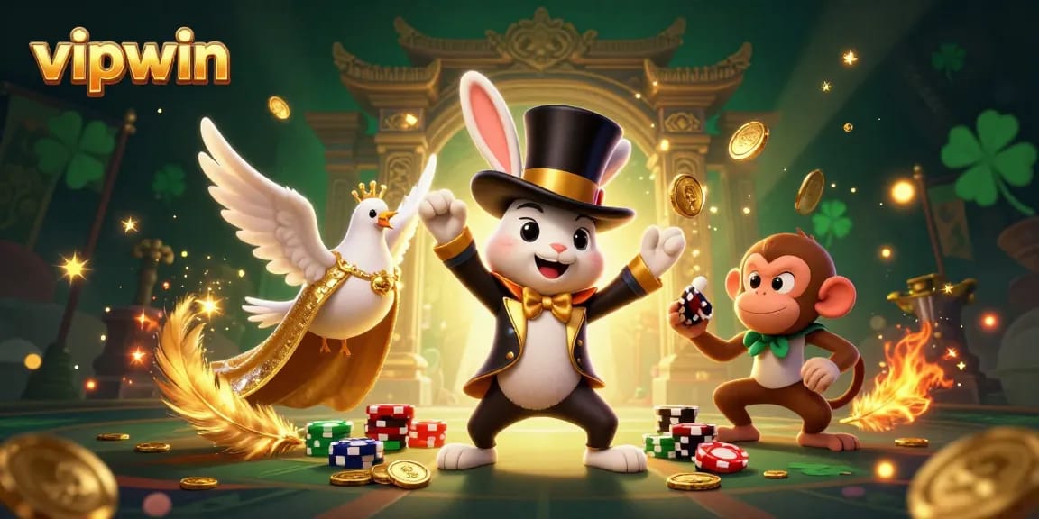 Experience the excitement at vipwin with a magical 3D scene of a rabbit pulling in golden coins.