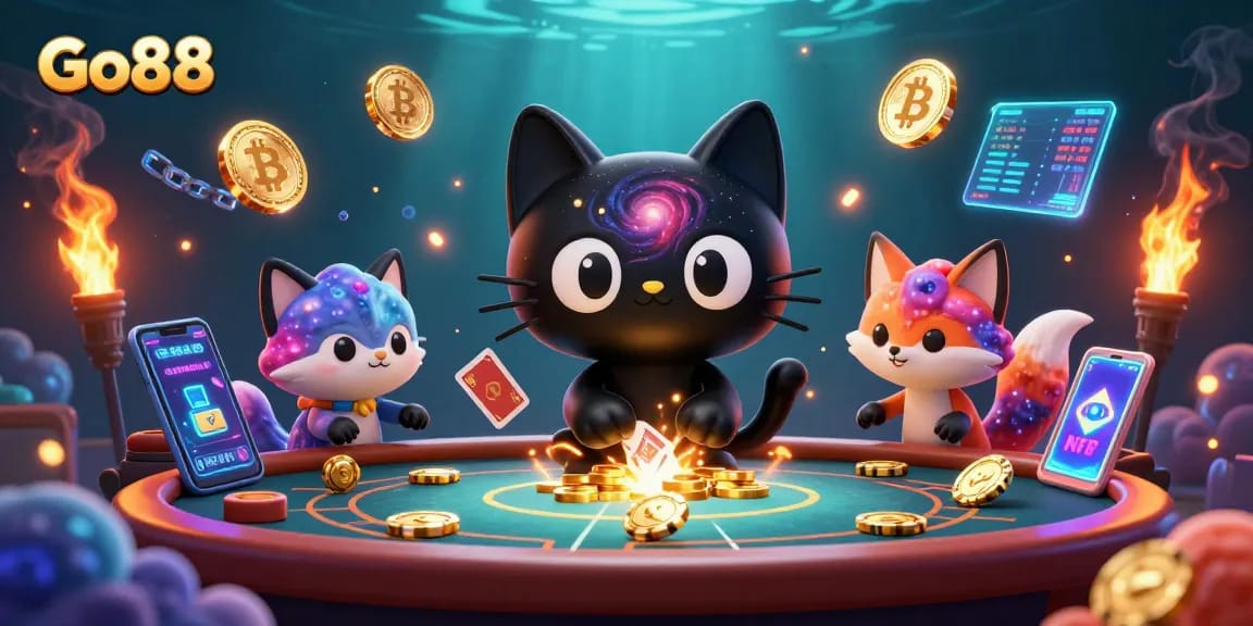 Engage with Go88's vibrant cosmic casino featuring a black hole cat and mystical fox amid glowing cryptocurrencies.