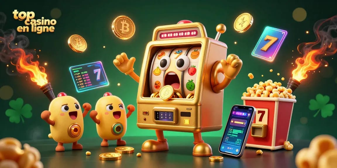 Top casino en ligne illustré par une machine à sous dorée, joyeuse et surprenante, entourée de pièces de bitcoin et ethereum.