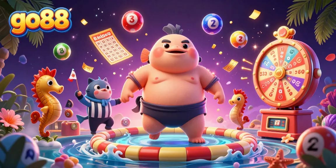 Join the thrill with go88, showcasing vibrant lottery games and energetic characters in an underwater casino.
