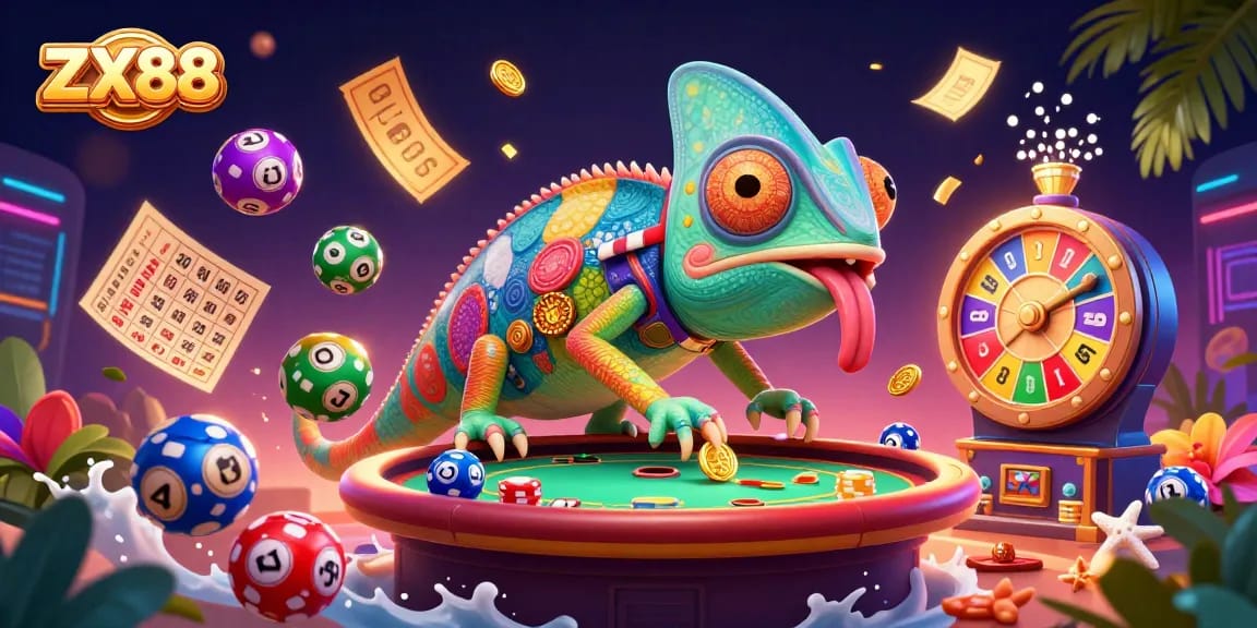 Experience thrilling gambling at ZX88 with vibrant casino elements and a playful chameleon character.