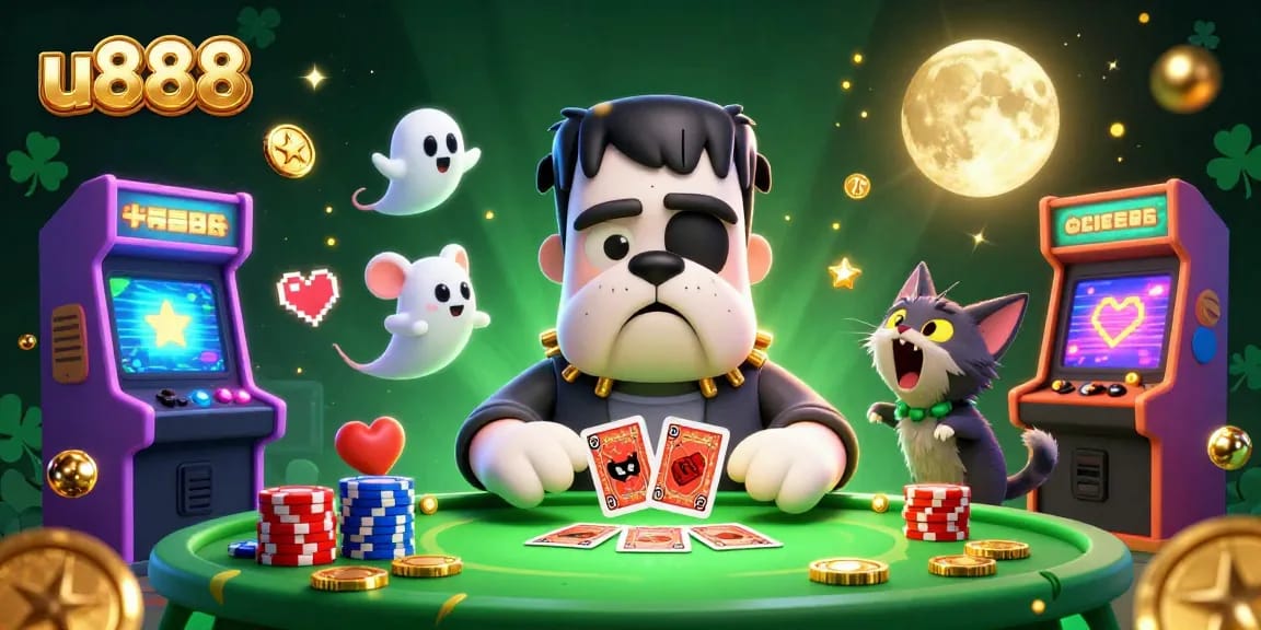 Join the action at u888 with a whimsical 3D scene of a Frankenstein bulldog dealer and a ghost mouse!