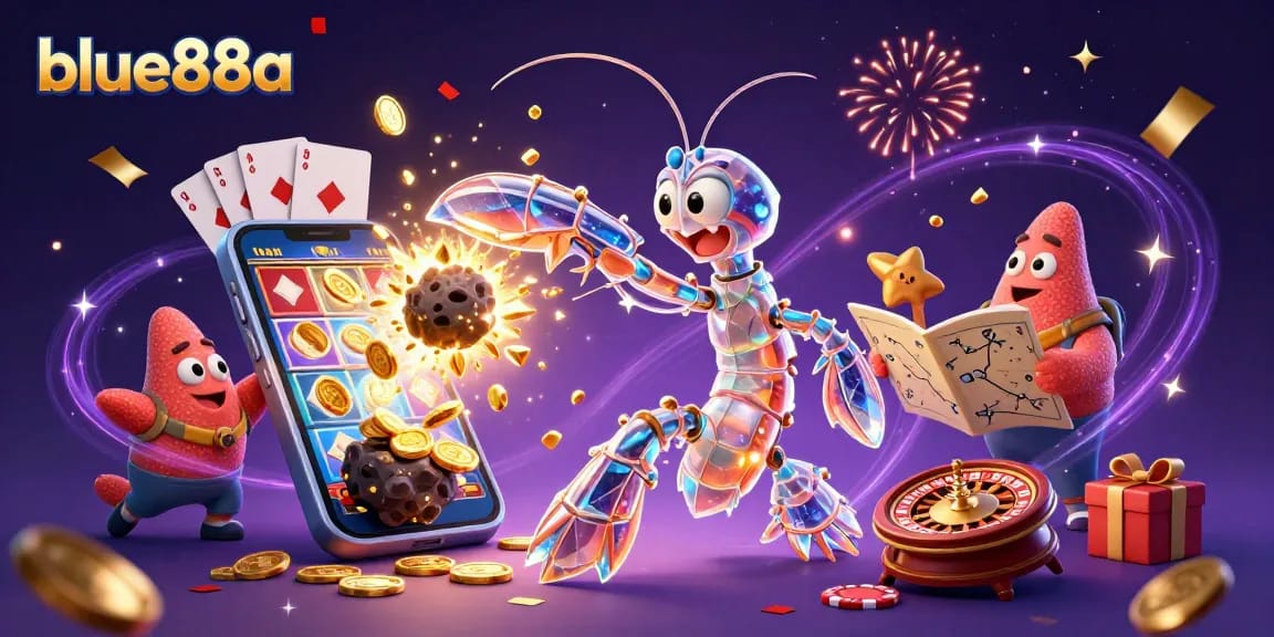 Experience the thrill of winning with blue88a's vibrant casino scene featuring games, gems, and a galactic theme.