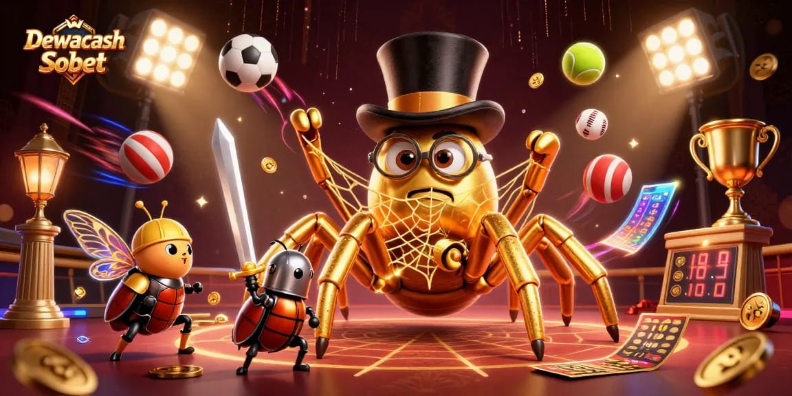 Dewacash Sbobet showcases a vibrant scene with a golden tarantula and beetle knight amid sports betting excitement.
