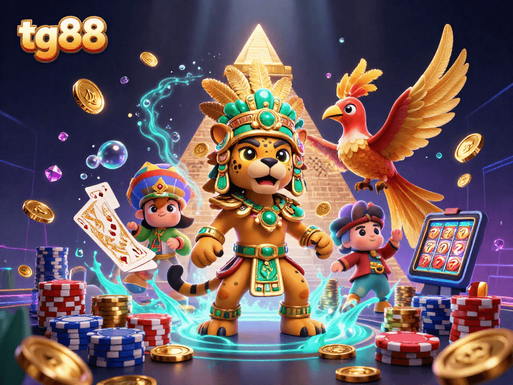 Spin and win with the tg88 jackpot, featuring vibrant casino elements and stunning 3D animation.